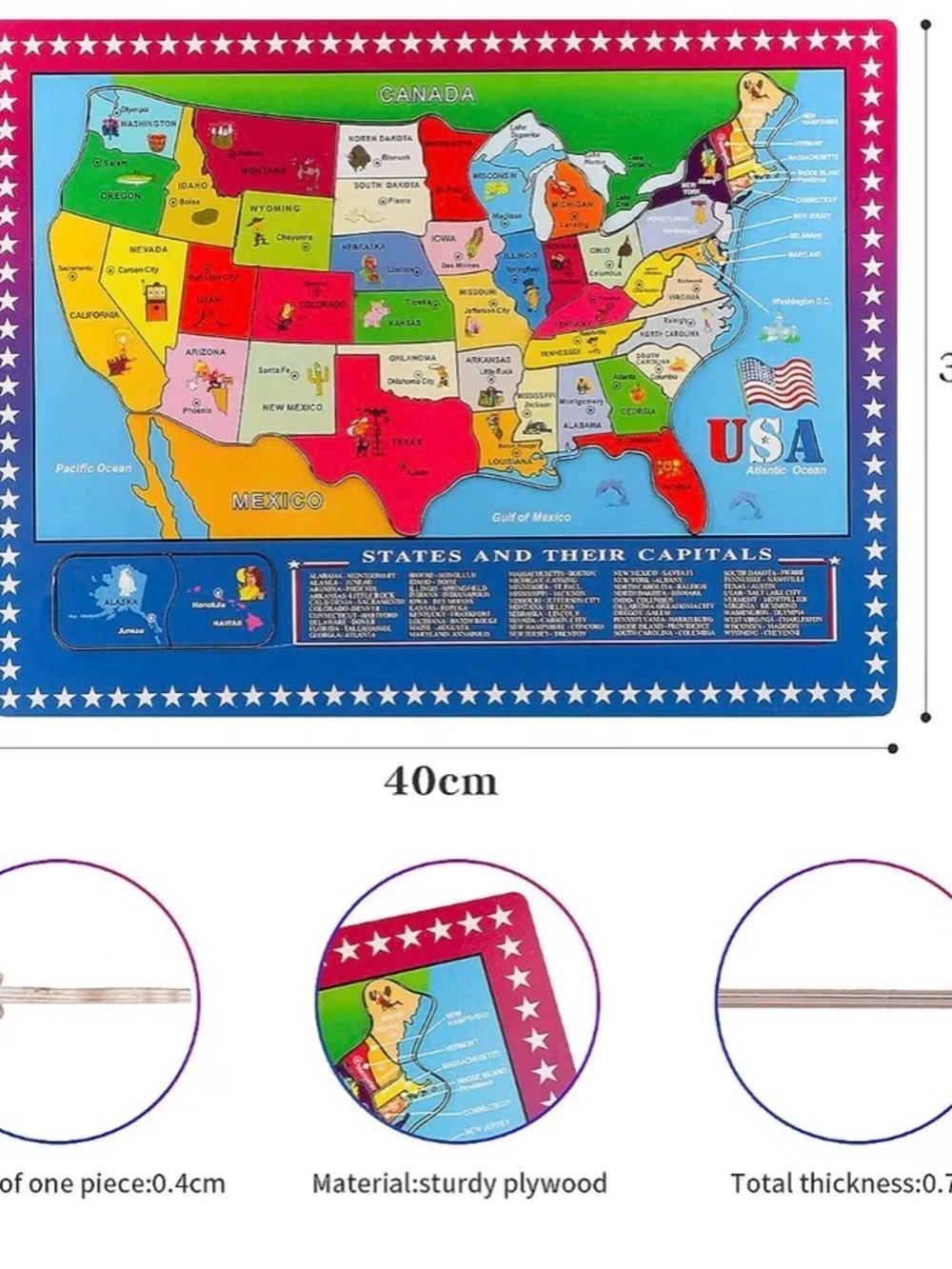 46-Piece USA States & Capitals Wooden Map Puzzle